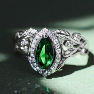 ❤Emerald Marquis Gem Leaf Weave Silver Noble Rings for Women, MARR9098